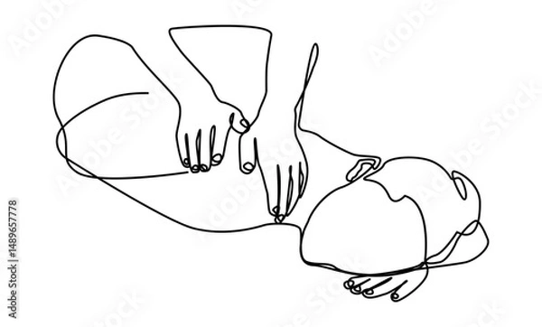 Fototapeta Minimalist continuous line drawing of a massage therapist performing a back massage on a lying client. Ideal for spa, fitness, etc. concept designs.