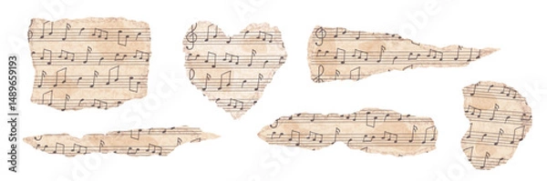 Fototapeta Set of ripped vintage music paper in beige color. Cut paper for collage and scrapbook