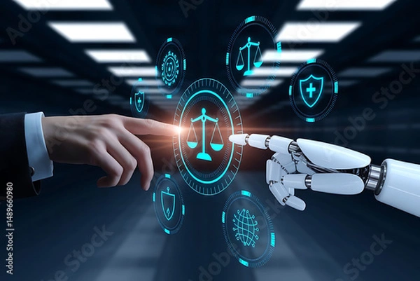 Fototapeta AI in law, legal intelligence, artificial intelligence legal tech, future of law, legal automation, AI legal assistant, legal AI tools, AI for lawyers, law and technology, intelligent legal systems, 