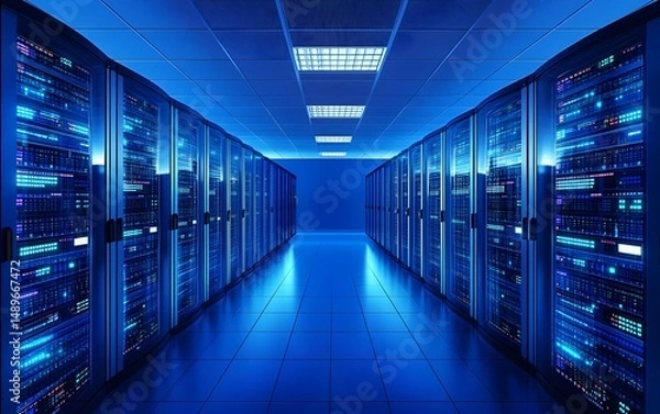 Fototapeta A modern data center illuminated in blue light, featuring rows of high-performance servers. This image conveys innovation and advanced technology in a secure computing environment.