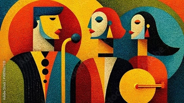 Fototapeta Illustration of a music band on stage with balloons made in a cubism style.