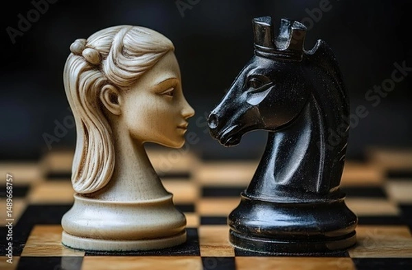 Obraz Close-up of a white queen chess piece with a female face and a black knight chess piece shaped like a horse on a chessboard, facing each other closely