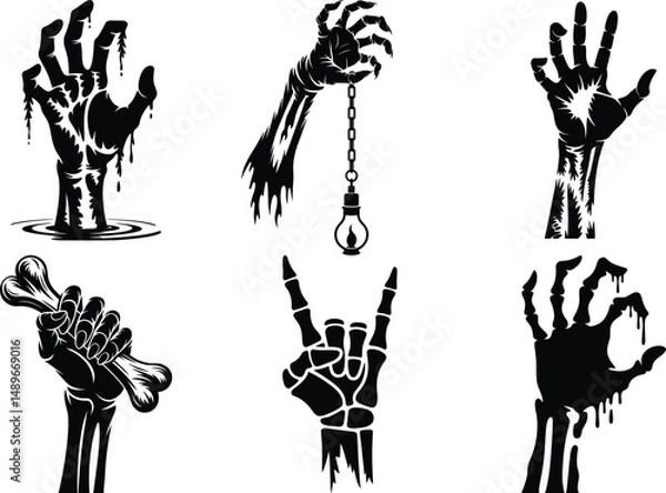 Fototapeta Zombie Hand Rising Silhouette Clipart SVG Bundle, Zombie Hand Black Vector Illustration Set. Scary Zombie Claw Hand, Zombie Hand Breaking Ground, Undead Zombie Hand, Zombie Hand Reaching Up.