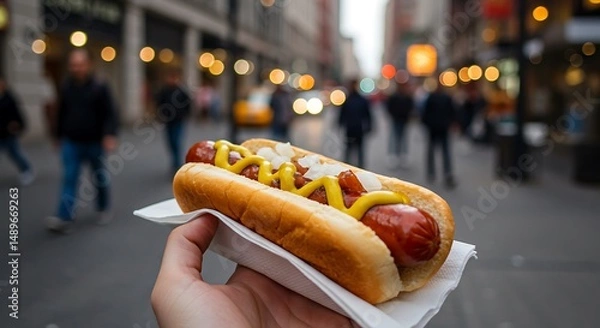 Obraz Hot Dog with Mustard and Onion on Street