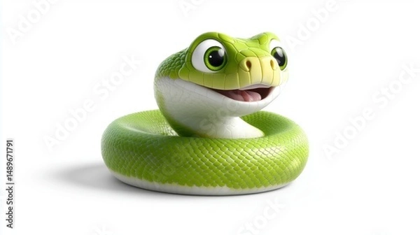 Obraz Cheerful Green Cartoon Snake Coiled on White Background