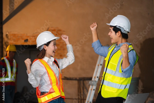 Fototapeta Successful engineer teams working together wear worker helmets hardhat on construction site.