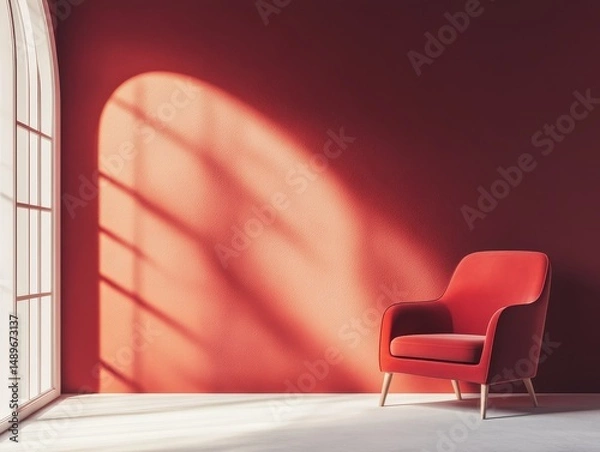 Fototapeta A single red chair in a minimalist sunlit red room