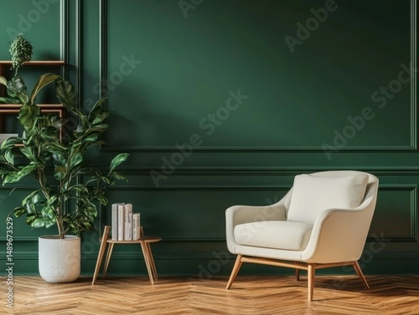Fototapeta Modern Interior Design Presents a Classic Armchair in a Green Space