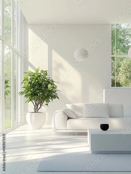 Fototapeta Bright white interior with a large potted plant and sofa