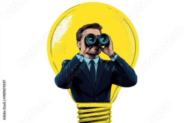 Obraz Businessman in suit looking through binoculars inside an illustrated yellow lightbulb symbolizing insight and vision for new ideas