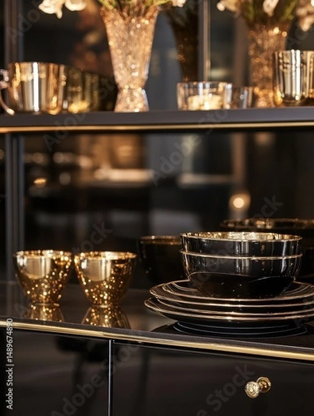 Fototapeta Fancy elegant decorative cabinet showing glassware and bowls