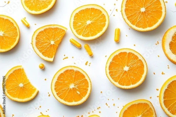 Fototapeta close up of transparent orange vitamin c capsules scattered on white background with citrus slices clean health concept banner layout