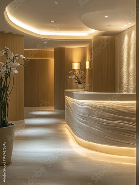 Fototapeta Modern architectural design showcasing a luxurious hotel front desk