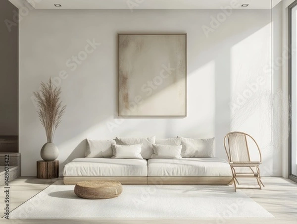 Fototapeta A well lit room with a natural toned minimalist interior
