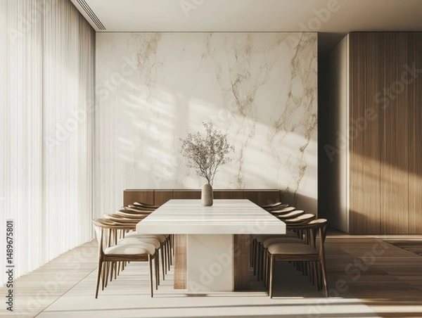 Fototapeta A beautifully lit dining room with a long dining table