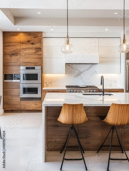 Fototapeta A modern kitchen showing an island and elegant appliances