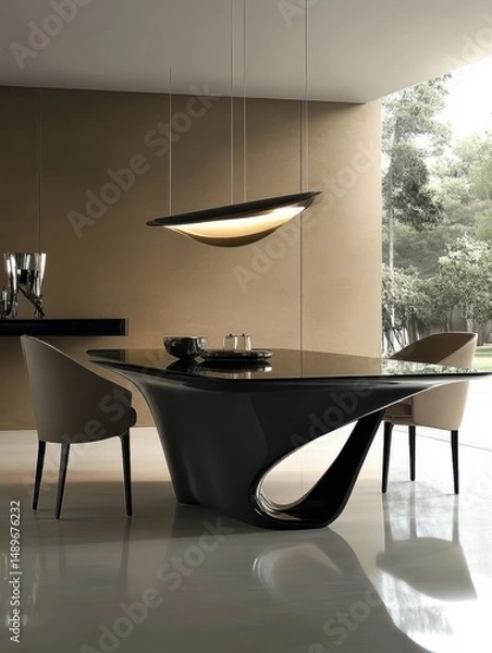Fototapeta A modern dining room featuring an innovative design table