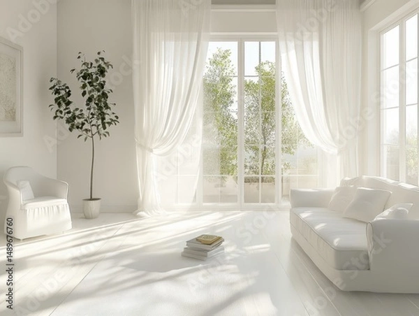 Fototapeta A bright white sunlit minimalist room with greenery indoors