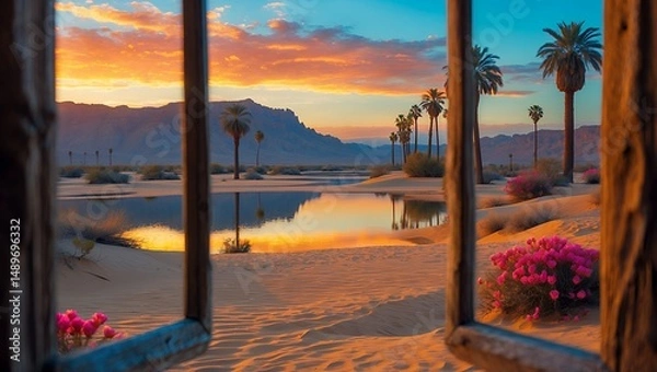 Fototapeta Desert Oasis Sunset Framed by Window with Pink Flowers View
