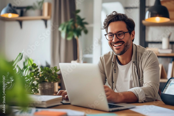 Obraz Homme souriant travaillant sur ordinateur portable à domicile dans un environnement lumineux et chaleureux, ambiance de télétravail moderne et détendue