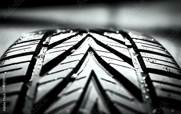 Obraz A close-up shot of a tire tread, showcasing the intricate details and texture of the rubber. The black and white image emphasizes the contrast between the grooves and the raised surfaces, creating an 