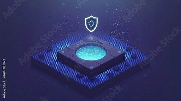 Fototapeta digital landscape showing shield icon in center where binary-coded data streams flow into a single point, blue tones and space left on side Single Gateway data shield, isometric view, binary 