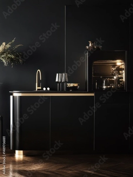 Fototapeta The luxury kitchen features a black minimalist design with gold accents