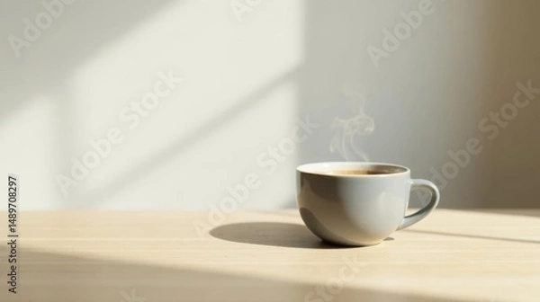 Obraz Aromatic Steam Rising from a Grey Mug of Hot Beverage on a Light Wooden Table in Soft Sunlight