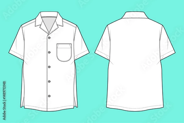 Fototapeta Mens revere collar short-sleeve shirt fashion flat sketch template outline CAD mockup front and back views.	