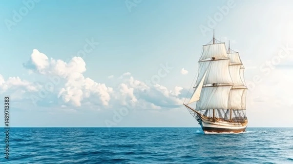 Fototapeta Majestic Tall Ship Sailing in Calm Ocean Under Blue Sky