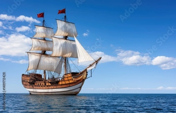 Fototapeta Classic Tall Ship Sails on Calm Ocean Under Bright Blue Sky