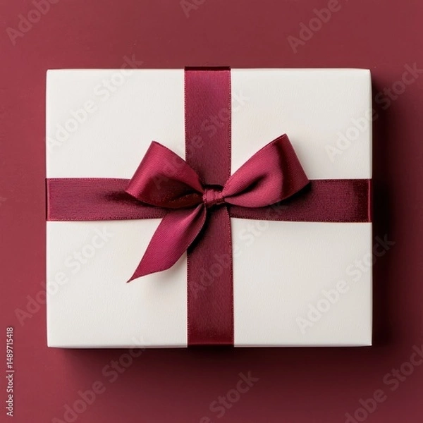 Obraz Elegant White Gift Box with Burgundy Ribbon on Red Background