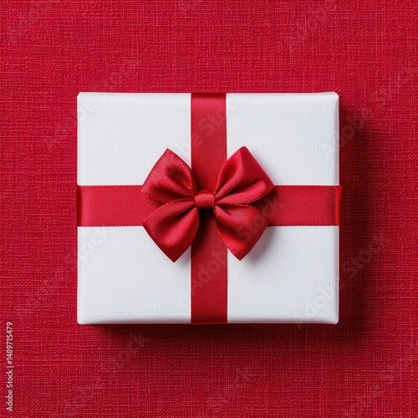 Obraz Elegant White Gift Box with Red Bow on Bright Red Background