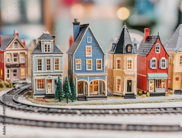 Obraz Colorful Miniature Houses by Train Tracks in Cozy Display Setting