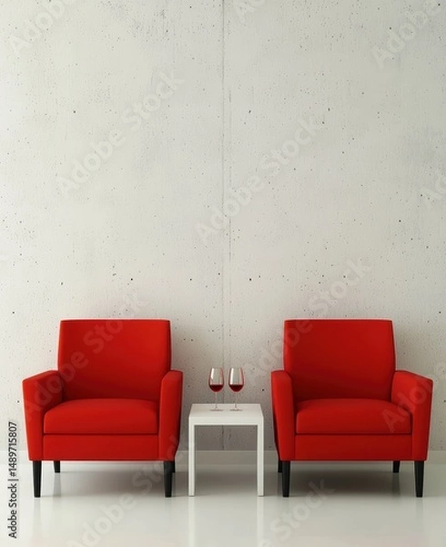 Obraz Cozy Modern Living Room with Red Chairs and Simple Decor Elements