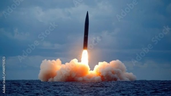 Obraz Rocket Launch Over Ocean with Clouds in Background during Sunset