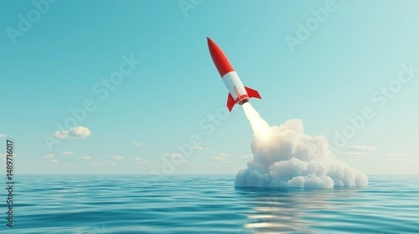 Obraz Rocket Launch Over Calm Water with Clear Sky and Clouds in Background