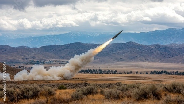 Obraz Rocket Launch Against Dramatic Mountain Landscape with Clouds