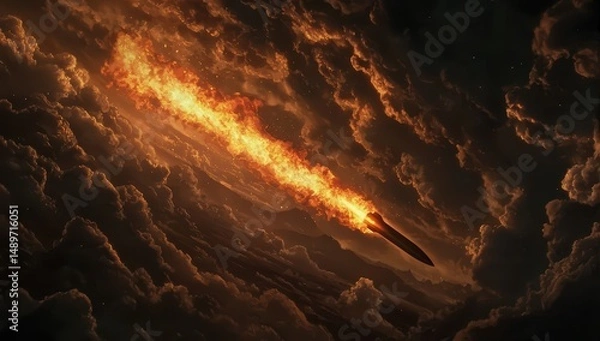 Obraz Fiery Rocket Launching Through Dark Cloudy Sky at Dusk