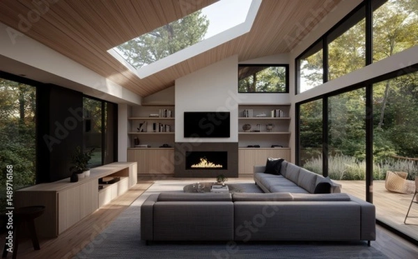 Obraz Modern Minimalist Living Room with Cozy Fireplace and Large Windows