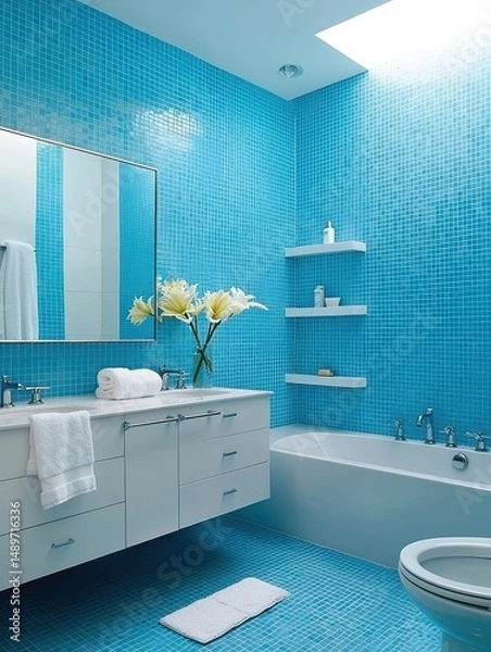 Obraz Modern Bathroom Design with Blue Mosaic Tiles and Natural Light