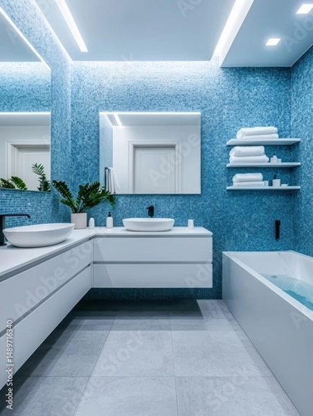 Obraz Modern Bathroom Interior with Blue Mosaic Tiles and Stylish Fixtures