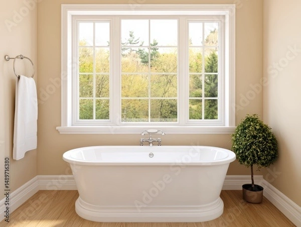 Obraz Elegant Minimalist Bathroom Design with Freestanding Bathtub and View