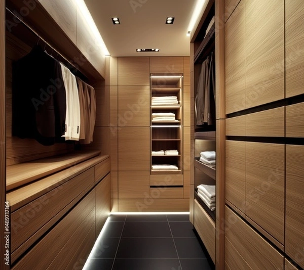 Obraz Modern Wooden Walk-In Closet with Organized Shelves and Lighting