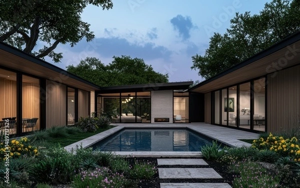 Obraz Modern Minimalist House Design with Pool and Lush Landscaping