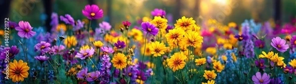 Fototapeta Blooming flowers in meadow with mystical nature and dreamlike gardens concept. Vibrant floral garden with diverse colorful flowers in bloom.