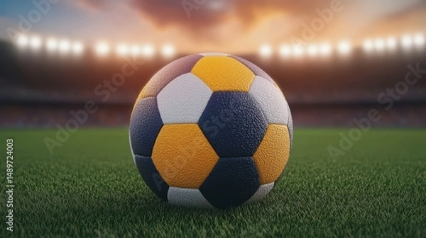 Obraz Colorful Soccer Ball on Green Field with Stadium Lights in Background