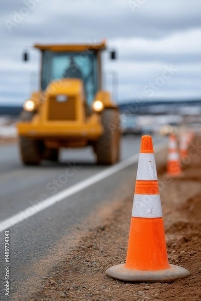Fototapeta Construction zone with traffic cone and bulldozer on rural road