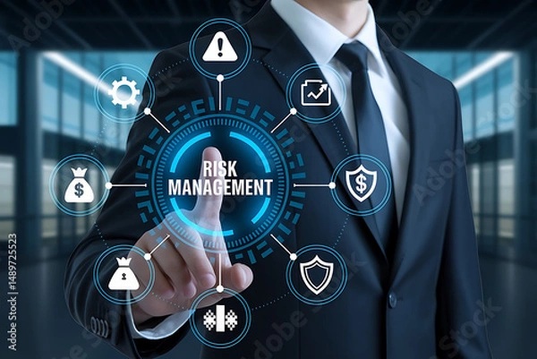 Fototapeta Businessman in Dark Suit Interacting with Virtual Screen Displaying "RISK MANAGEMENT", risk analysis, virtual display, risk assessment, enterprise risk, financial risk, businessman technology

