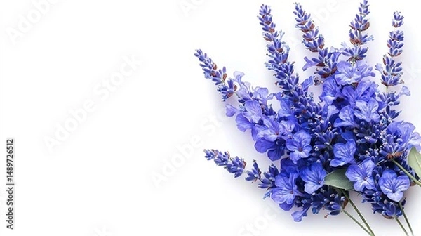 Fototapeta Delicate lavender blossoms arranged on a white background.